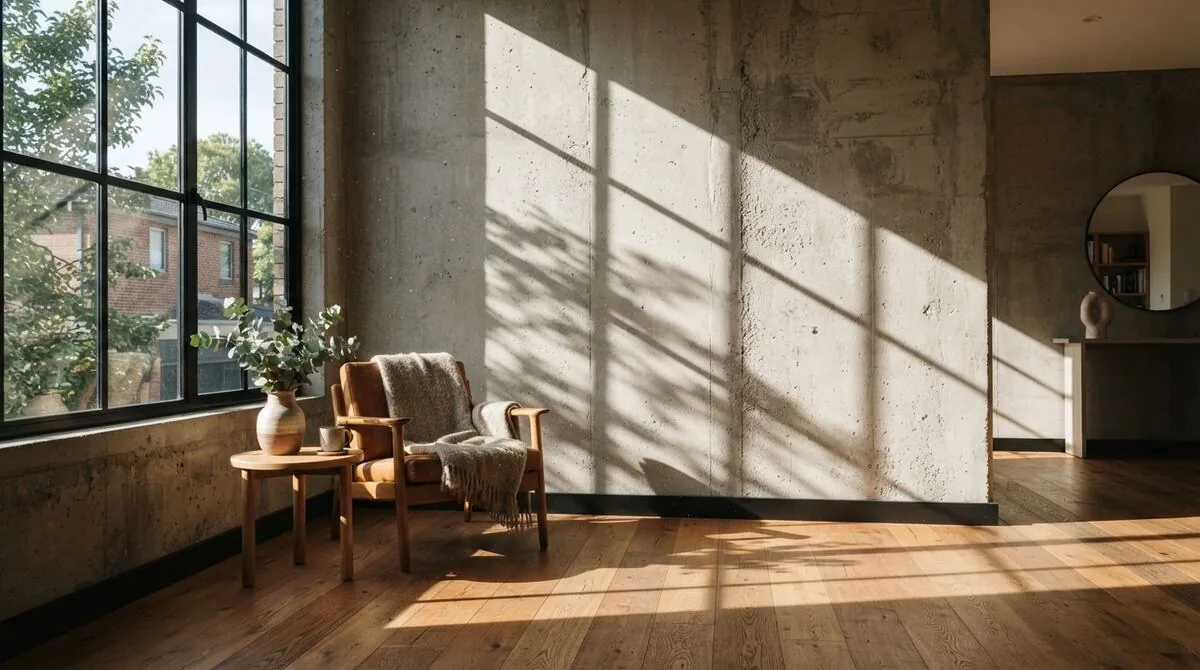 İstanbul prestij projesinde ahşap ve beton malzeme detayı